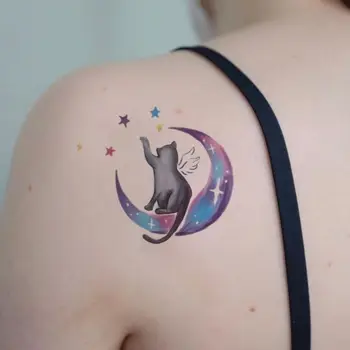 Ins Rüzgar kız dövme etiket renk köprücük kemiği omuz ay kedi dövme çıkartma su geçirmez kalıcı çıkartma