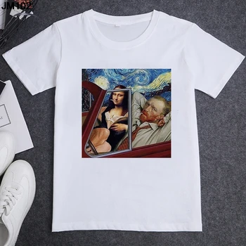 Komik Mona Lisa baskılı tişört Moda Streetwear Yaz Casual Bayanlar T Shirt Harajuku kadın Beyaz Kısa Kollu Üstleri Tshirt