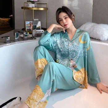 Kadın Yaka Pijama Takım Elbise Baskı Kıyafeti 2 ADET Pj Seti Seksi Ev Giysileri Uzun Kollu Pijama Pantolon Saten İç Çamaşırı
