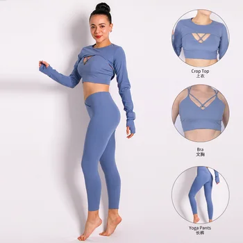 3 adet Dikişsiz Yoga Seti Uzun Kollu Kadın Spor Kırpma Üst Spor Sutyen Yüksek Bel Tayt Egzersiz Kıyafet Spor Yoga Giyim