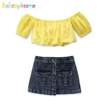 2 Adet 1-6Years Bebek yaz kıyafetleri Moda Çocuk Giysileri Sarı T-shirt + Kot Etek Ve Üst Set Küçük Kızlar Giyim BC2057-1