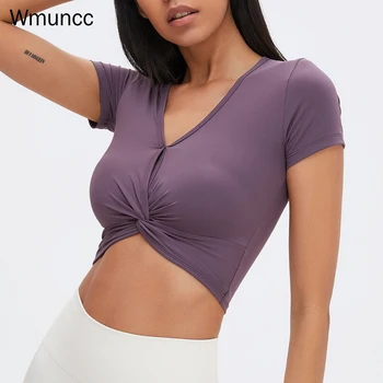 Wmuncc kadın yoga bluzu Kısa Kollu Seksi V Yaka Kırpılmış Üstleri Streç Spor Egzersiz Spor Giyim Naylon + Spandex