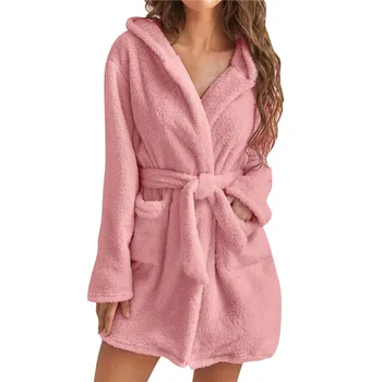 Kadın Elbiseler Uzun Kollu Cepler Bel Dantel-up Düz Renk kışlık pijama Kış Sıcak Kapşonlu Polar Kısa Bornoz kadın Uyku