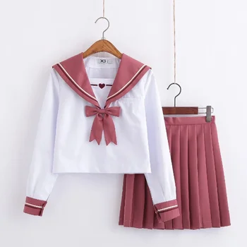 Yeni okul üniforması kız aşk işlemeli öğrenci takım elbise uzun kollu Japon cosplay Jk Akademisi sailor üniforma pembe