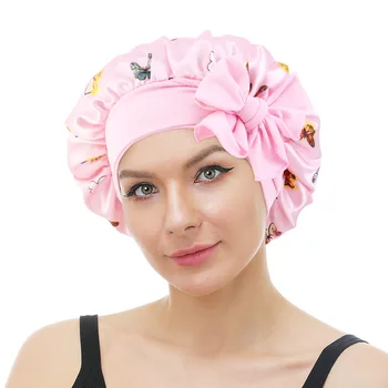 Kelebek Baskılı Saten İpek Kadın Uyku Gece Şapka Büyük saç bonesi DIY Yay Uyku Kaput Baskı Duş Başlığı Nightcap Saç Koruyucu Şapka