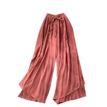 Yeni Bahar Sonbahar Kadın Elastik Bel Ayak Bileği Uzunlukta Pantolon Moda Pilili Patchwork Geniş Bacak Şifon Etek Pantolon