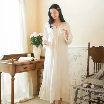 Kadınlar Uzun kollu Gecelik Retro Tatlı Prenses Gece Elbisesi Gevşek Artı Boyutu Seksi Pijama Beyaz Pamuk Vintage Uyku Elbise