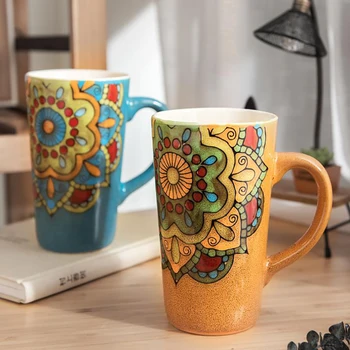 Geleneksel Tarzı Kupa Güneş Çiçek Sanat Desen Seramik Kupalar 500 ml Büyük Kapasiteli Kahve Süt Kahvaltı Fincan Yaratıcı Hediye bardak