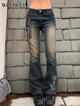 Weekeep Skinny Jeans Estetik Y2k Low Rise Vintage Nakış Grunge Kot Pantolon Kadın Harajuku Streetwear Kore Moda Kot