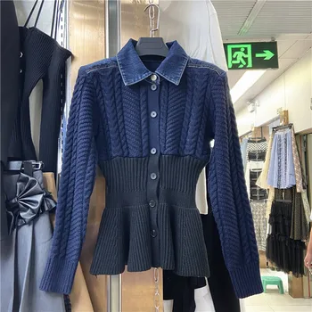 Hırka 2021 Erken Sonbahar Yeni Moda Bel Zayıflama Denim Patchwork Örgü Uzun Kollu Slim Fit Ceket Kazak Dış Giyim