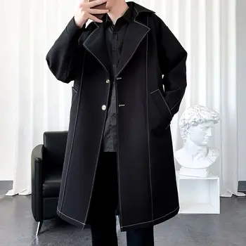 Ince Erkekler Boy Gevşek Streetwear Trençkot Yaka Rüzgarlık Erkek Moda Sonbahar Kış Uzun Tasarım Siper Giyim Q54