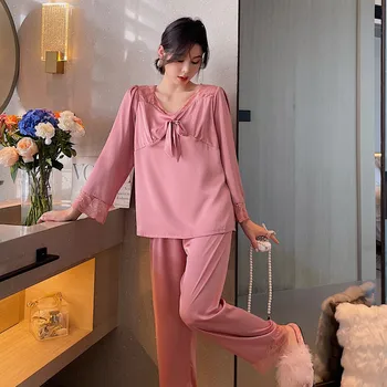 Dantel Bayan 2 ADET Rayon Pijama Setleri Yay Uzun Pijama Takım Elbise Seksi V Yaka Pijama Gelin İç Çamaşırı Kıyafeti Yaz Ev Giysileri