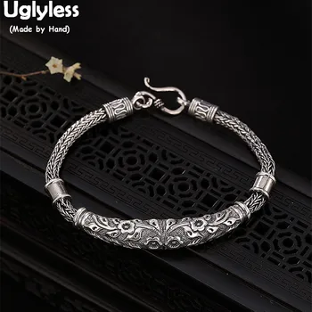Uglyless 100 % Gerçek Katı 925 Ayar Gümüş El Yapımı Oyma Etnik Çiçekler Bilezikler Kadınlar için Tay Gümüş Bilezik Güzel Takı