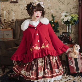 Sonbahar kış tatlı lolita ceket vintage fener kollu kürk yaka baskı victoria ceket kawaii kız gotik lolita palto cos