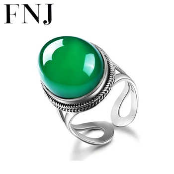 FNJ 925 Gümüş Yüzük Kadınlar Takı için 100 % Orijinal Saf S925 Gümüş Yüzük Doğal Büyük Yeşil Kalsedon
