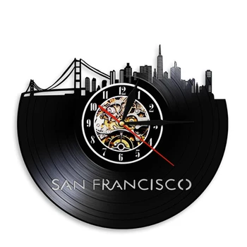 San Francisco Skyline California Bay Area Golden Gate Köprüsü Vinil Albüm Kayıt duvar saati ABD Cityscape Modern Tasarım Duvar Saati