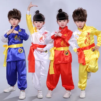 Çocuklar Çin Geleneksel Kungfu Üniforma Hanfu Yeni Yıl Taekwondo Wushu Tang Takım Nakış Saten Erkek Kız Taichi Giyim