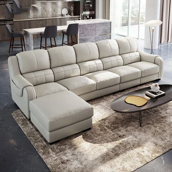 Basit modern L şeklinde oturma odası mobilya üst katman köşe deri kanepe kombinasyonu