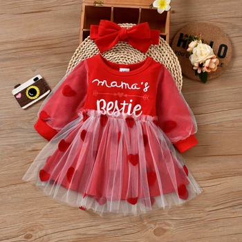 0-3 Yıl Bebek Kız Tatlı Tarzı Giyim Setleri, mektup Baskılı Aşk kalp Örgü Patchwork Uzun Kollu Elbise Kafa Bandı ile, Kırmızı