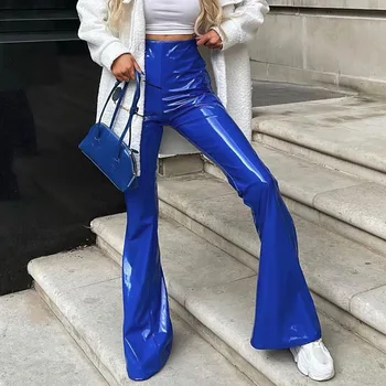 Yüksek Sokak Egirl Parlak PU Alevlendi Pantolon Kadınlar İçin 2021 Estetik Yüksek Bel Fermuar Bandaj Suni Deri Pantolon Trend Clubwear