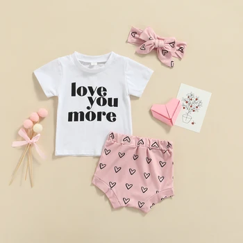 Bebek Kız sevgililer Günü Kıyafetler Kısa Kollu Mektup Baskı Üstleri + Kalp Şort + saç bandı seti