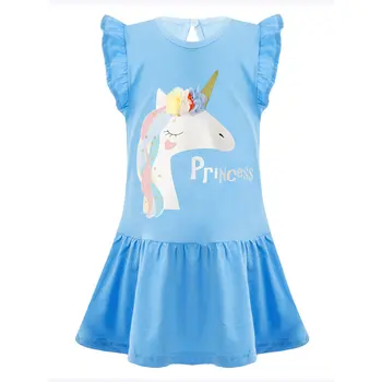 Oyolan Çocuk Çocuk Bebek Kız Elbise Karikatür Mektup Baskı 2021 Yaz Rahat Parti Prenses Elbiseler %100 % pamuklu Giysiler Yeni