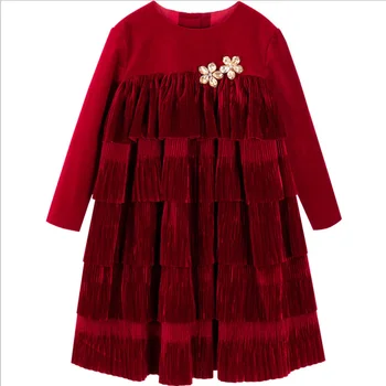 Bebek kız kırmızı vintage kadife prenses elbise çocuklar rahat elmas doğum günü partisi pilili katmanlı elbise