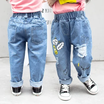 Çocuklar Yırtık Kot uzun pantolon 3 T-8 T Erkek Kız Bahar Sonbahar Kış Boyalı Mavi Kot çocuk Giysileri Gevşek pantolon SA2170