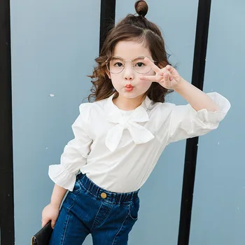 Bahar Kız Moda Gömlek çocuk giyim Kore Beyaz Yay Tees Tops Sevimli Çocuk Kız 2 3 4 5 6 7 8 Bluz Gömlek