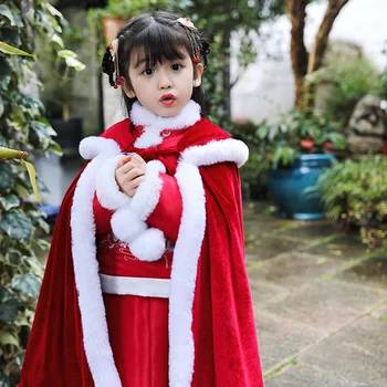Kırmızı / GreenGirl erkek Hanfu Pelerin kış Uzun Pelerin Çin Çocuk Antik Stil Manto Çocuklar Noel Kapşonlu Pelerinler Yeni Yıl Giyim