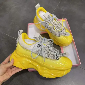Spirng Sonbahar Kadın Tıknaz Ayakkabı ıle Kırmızı Taban Yüksek Topuklu Kalın Alt Pantshoes Platformu Lüks Marka Kristal Sneaker Lady Glow