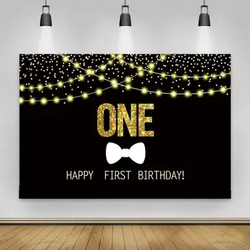 Altın Bir Numara Mutlu İlk Doğum Günü fotoğraf stüdyosu için arka planlar ışıkları Polka Dots Siyah Vnıyl Fotoğraf Backdrop