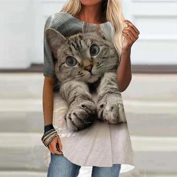 2022 sevimli hayvan desen kadın giyim baskılı kadın kedi T-shirt yeni yaz kısa kollu yuvarlak boyun rahat düşük fiyat toptan