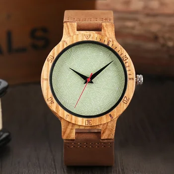 Doğal Bambu Ahşap Saatler Hakiki Deri Band ile Yaratıcı Açık Yeşil Kadran Analog erkek Saat Hediye Reloj de madera 2020
