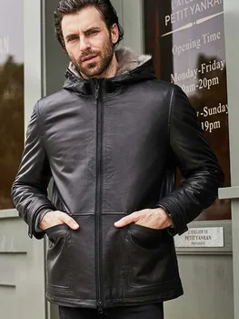 Yeni Erkek Dana Ceket Vizon Kürk Palto Siyah Deri Kapüşonlu Kış Giyim