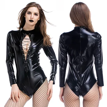 Kadın PU Deri Bodysuits Erotik Leotard Kostümleri Kauçuk Esnek Deri Catsuit Fermuar Catwomen Clubwear Wetlook Tulum