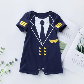 Yaz bebeğin kısa kollu düz açı tulum 0-2 yaşındaki çocuğun sahte iki parçalı tulum pilot üniforma