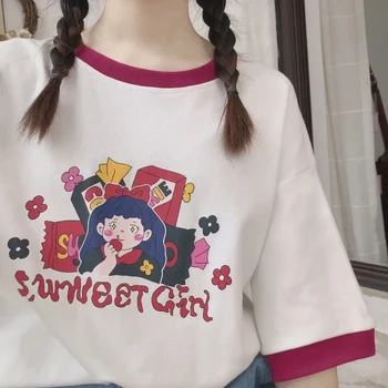 Kadın T-shirt y2k Harajuku Kız Kawaii Üstleri Mektup O-Boyun Kısa Kollu Yaz Tshirt Beyaz Tees Kadın giyim peri grunge