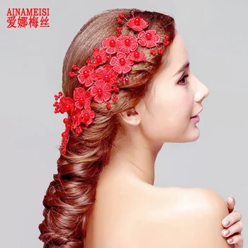 AINAMEISI Düğün Moda saç aksesuarları Gelin Inci El Yapımı Bantlar Kırmızı Beyaz Dantel Çiçek Zarif Kadın saç takı