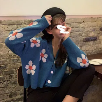 Kadın Gevşek Casual Çiçek Triko Uzun Kollu V Yaka Düğme Aşağı Hırka Eğlence Giyim Tatlı Kız İçin Yeni Sonbahar Kış