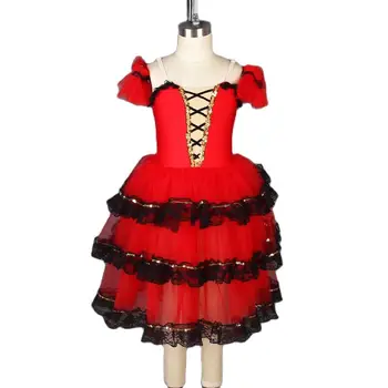 19218 Kırmızı Spandex Korse 3 Katmanlar Tül Etek İspanyol Giyim Romantik Tutu Çocuk ve Yetişkin Dansçı Sahne Solo Kostüm