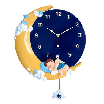 Sevimli karikatür küçük melek çocuk odası dekorasyon Aydınlık duvar saati Güzel ay salıncak sessiz saat