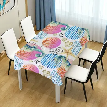 Okyanus Denizatı Denizyıldızı Kabuk Desen Dikdörtgen Masa Örtüsü Düğün Parti Yemek Odası Piknik Mutfak Yıkanabilir Masa Örtüsü