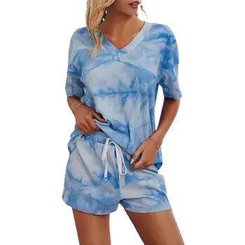 Bayan Pijama Seti 2 Parça Loungewear Pijama Kravat boya V Yaka Pijama Kadın Takım Elbise Şort Rahat Kısa kollu Pijama Seti
