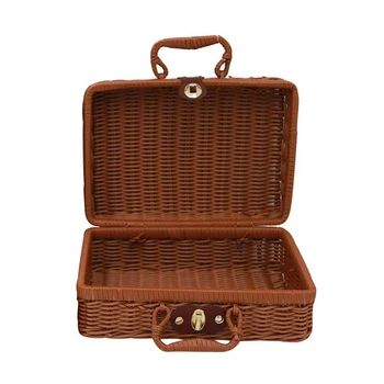 Yeni Kare Handwoven Piknik Sepeti Rattan Saklama kollu kutu Hasır Çanta Bavul Vintage