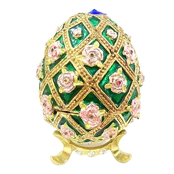 Emaye Metal Kristal Paskalya Çiçek altın renk Yeşil Yumurta Yüzük Mücevher Biblo Kutusu Halka Tutucu Noel Düğün Hediyesi