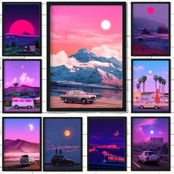 Turizm Gece Neon Şehir Sokak 80s Araba Ay Plaj 5D DIY Elmas Boyama Mozaik Taklidi Nakış Çapraz Dikiş Ev dekor