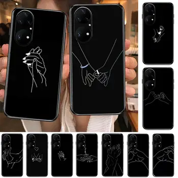 Minimalist Hattı Çift El telefon kılıfı İçin Huawei p50 P40 p30 P20 10 9 8 Lite E Pro Artı Siyah Etui Coque Boyama Hoesjes komik