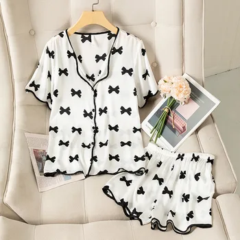 Baskı Yay Ev Giyim Pjs Beyaz Kıyafeti Samimi İç Çamaşırı 2 ADET Pijama Takım Elbise Kadın Pijama Kısa Kollu Saten Uyku Seti