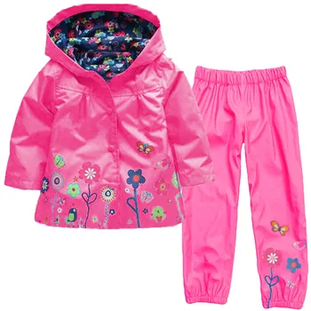 Bebek Kız rüzgarlık Bahar sonbahar seti Sevimli çiçekler Rüzgar Geçirmez Yağmur Geçirmez kapüşonlu ceket + rahat pantolon seti 2 adet set çocuk giysileri